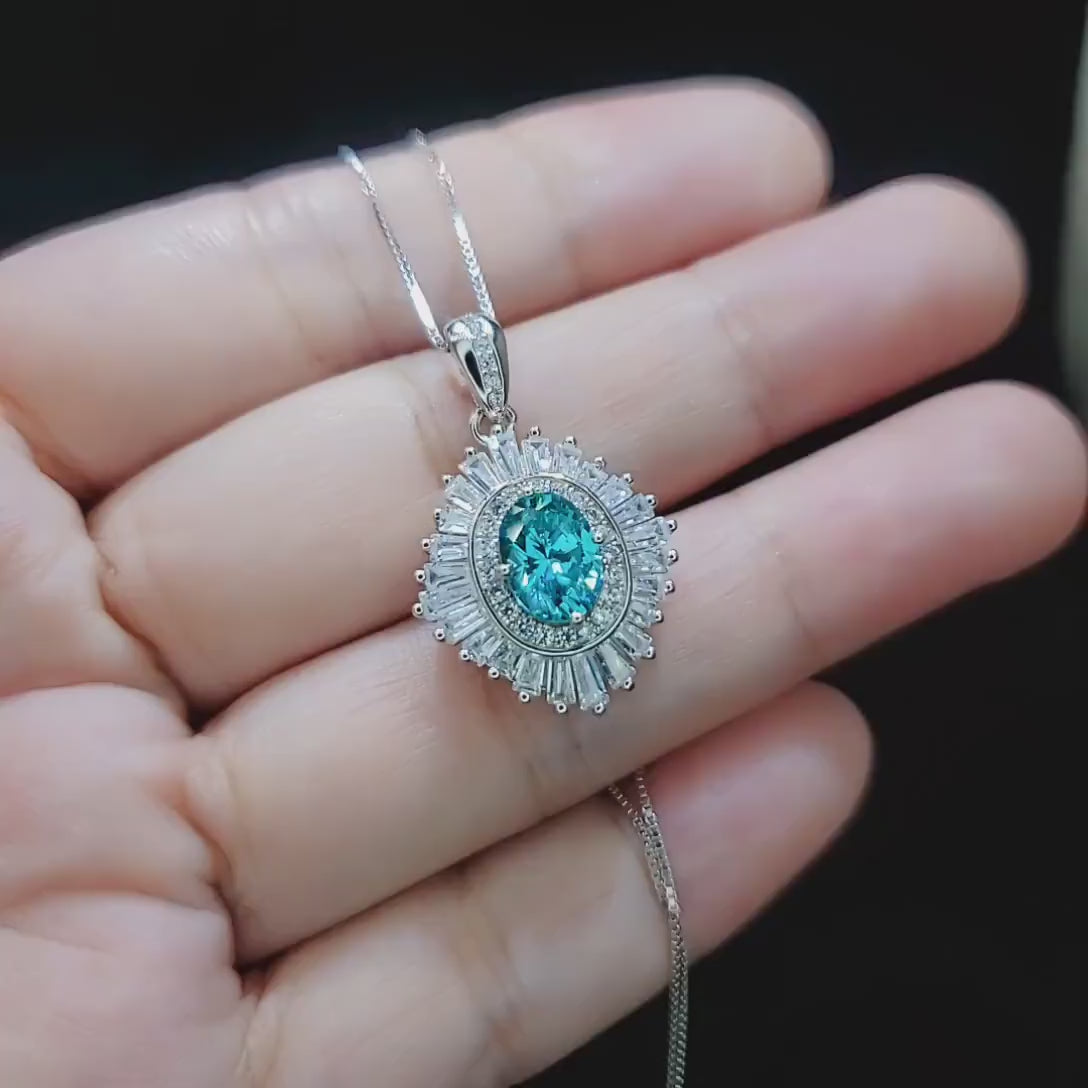 Gemstone Halo Green Paraiba Necklace Sparkling Paraiba Tourmaline Necklace  - White Gold coated Sterling Silver  1.5Ct Paraiba Pendant #1008