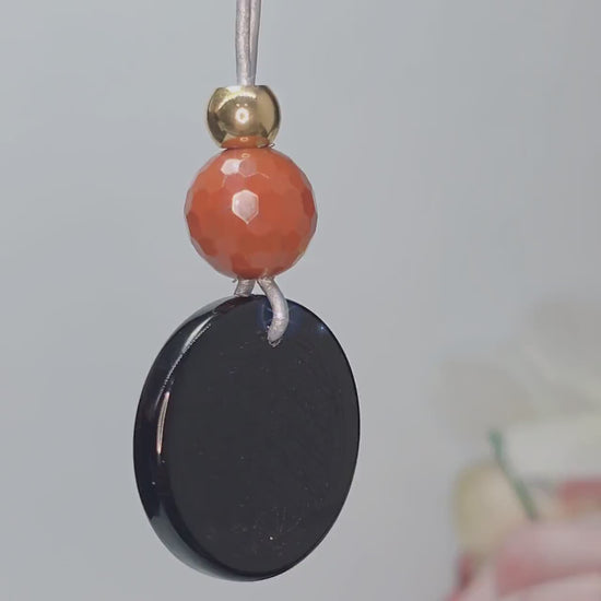 Geometric Flower of Life Obsidian Necklace, Chunky Black Obsidian Pendant with Red Jasper, Adjustable Leather Cord 30 inches #2560