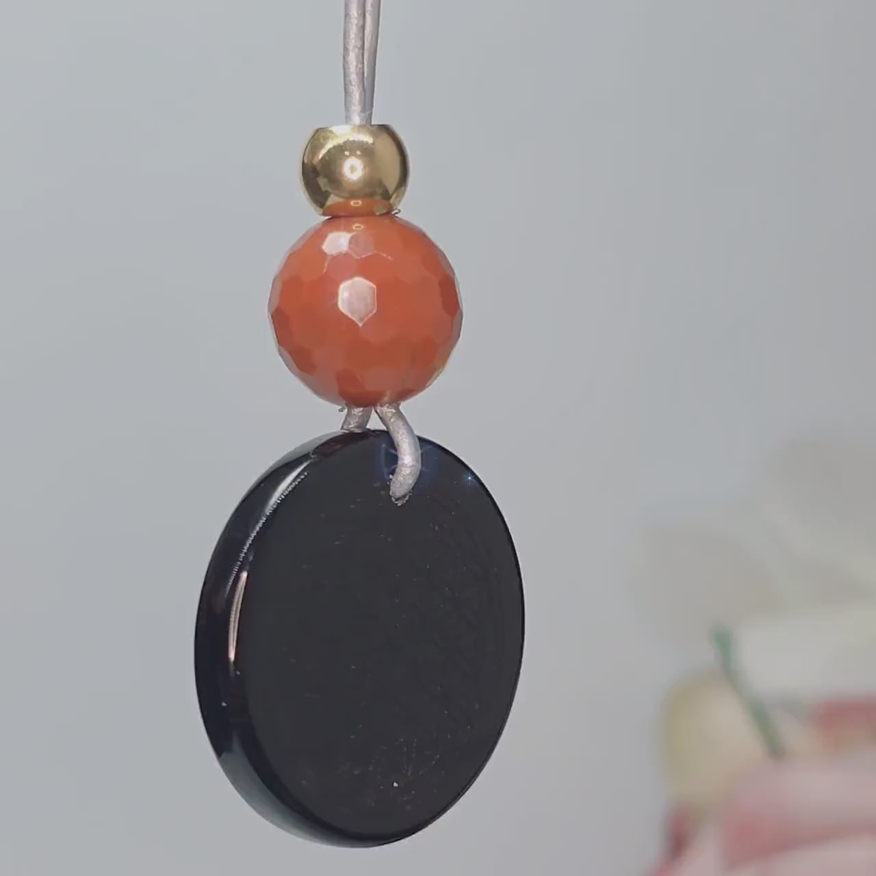 Geometric Flower of Life Obsidian Necklace, Chunky Black Obsidian Pendant with Red Jasper, Adjustable Leather Cord 30 inches #2560