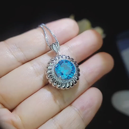 Swiss Blue Topaz Necklace - Large Sterling Silver  - Gemstone Sunflower Style - White Gold coated - Round 4 CT - Blue Topaz Pendant #943
