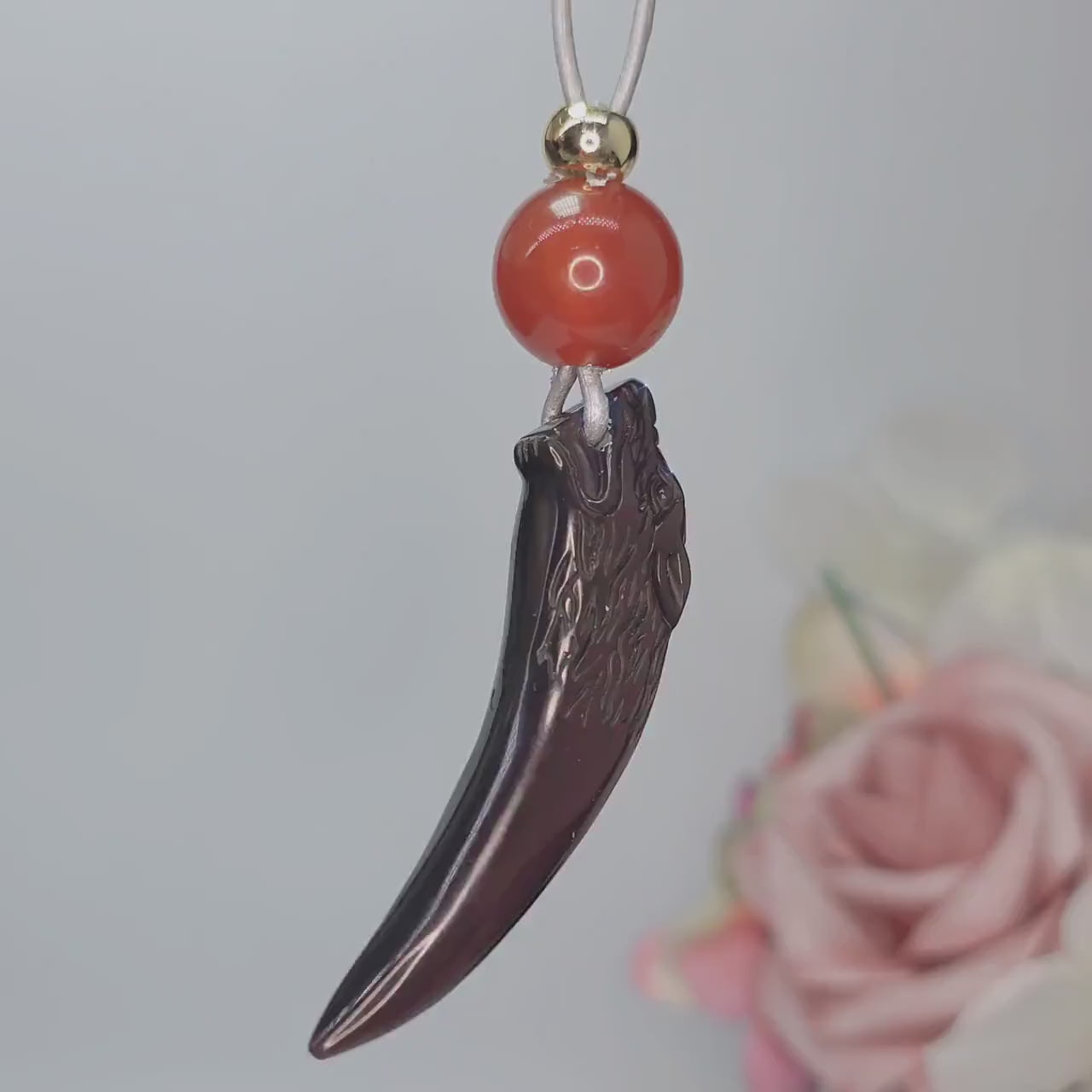 Geometric Obsidian Wolf Tooth Pendant for Strength, Chunky Natural Obsidian Necklace with Red Carnelian, Adjustable Leather Cord 30" #2562