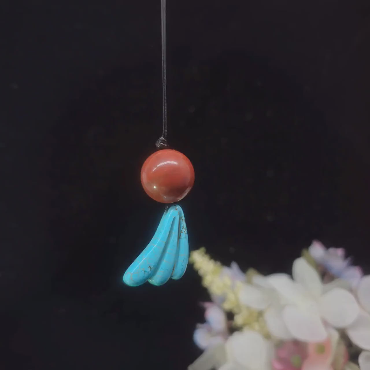 Red Jasper & Turquoise Totem Necklace, 20mm Large Bead Jewelry, Carved Chunky turquoise Pendant, 30" Adjustable Leather #2077