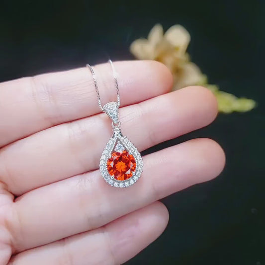 Sunstone  Necklace - Tangerine Sapphire Necklace - Sterling Silver 1.8 CT Round Red Orange Spessartite Garnet Gemstone Pendant #279