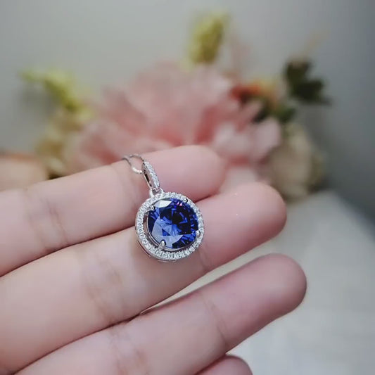 Large 10mm Tanzanite Necklace - Full Sterling Silver Solitaire Round  Lab Created Energic Tanzanite Pendant December Birthstone #502