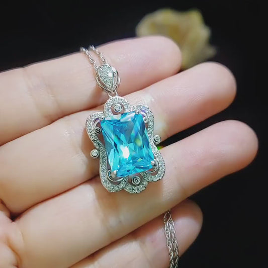 Blue Topaz Necklace Baguette Cut 18K @ Sterling Silver  Large 10 Ct Rectangle Blue Topaz Pendant  Gemstone  Halo Solitaire Blue Topaz #803