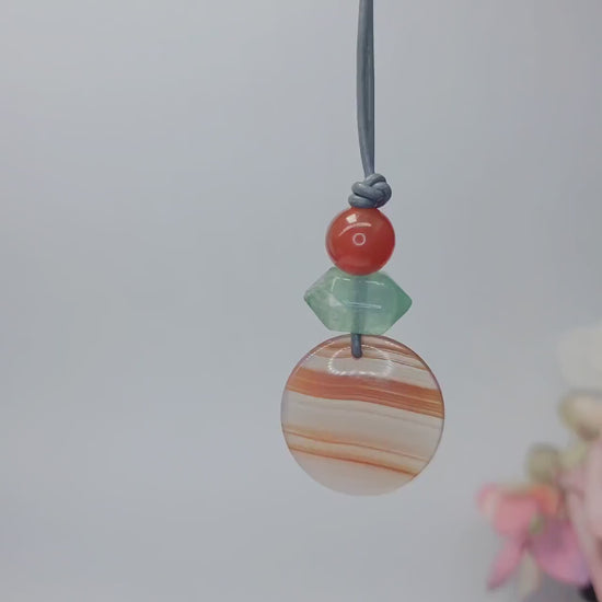 Striped Agate Necklace, Red Carnelian Chunky Geometric Pendant, Fluorite Birthstone Crystal Jewelry, Adjustable Leather Cord