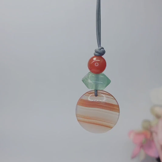 Striped Agate Necklace, Red Carnelian Chunky Geometric Pendant, Fluorite Birthstone Crystal Jewelry, Adjustable Leather Cord