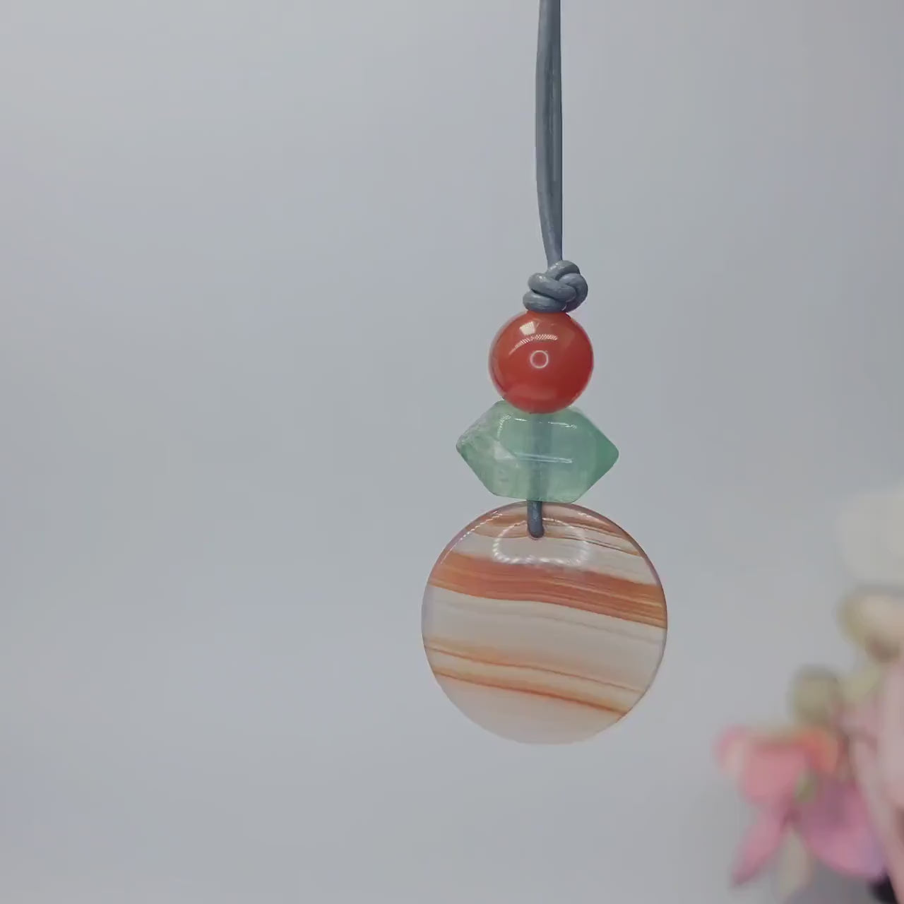 Striped Agate Necklace, Red Carnelian Chunky Geometric Pendant, Fluorite Birthstone Crystal Jewelry, Adjustable Leather Cord