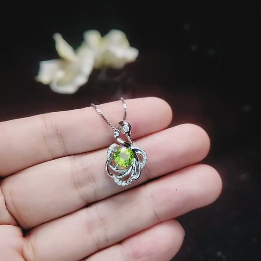 Genuine Peridot Sterling Silver Swan Necklace - Natural Green Peridot Pendant - 18KGP - August Birthstone #971