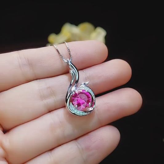 Pink Sapphire Necklace - Sterling Silver - Phoenix Necklace - Round 2 CT Pink Sapphire Pendant -  Phoenix Bird Jewelry - 18KGP #692