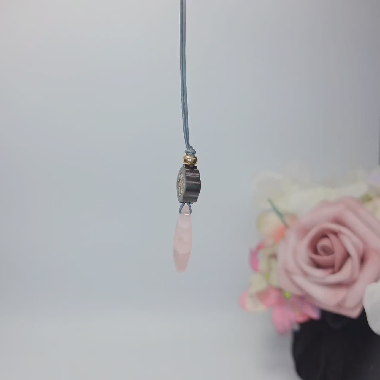 Rose Quartz Necklace Lotus Pendant, Dark Rosewood Natural Pink Crystal Chunky Geometric Jewelry, Gift for Her, Adjustable Leather Cord