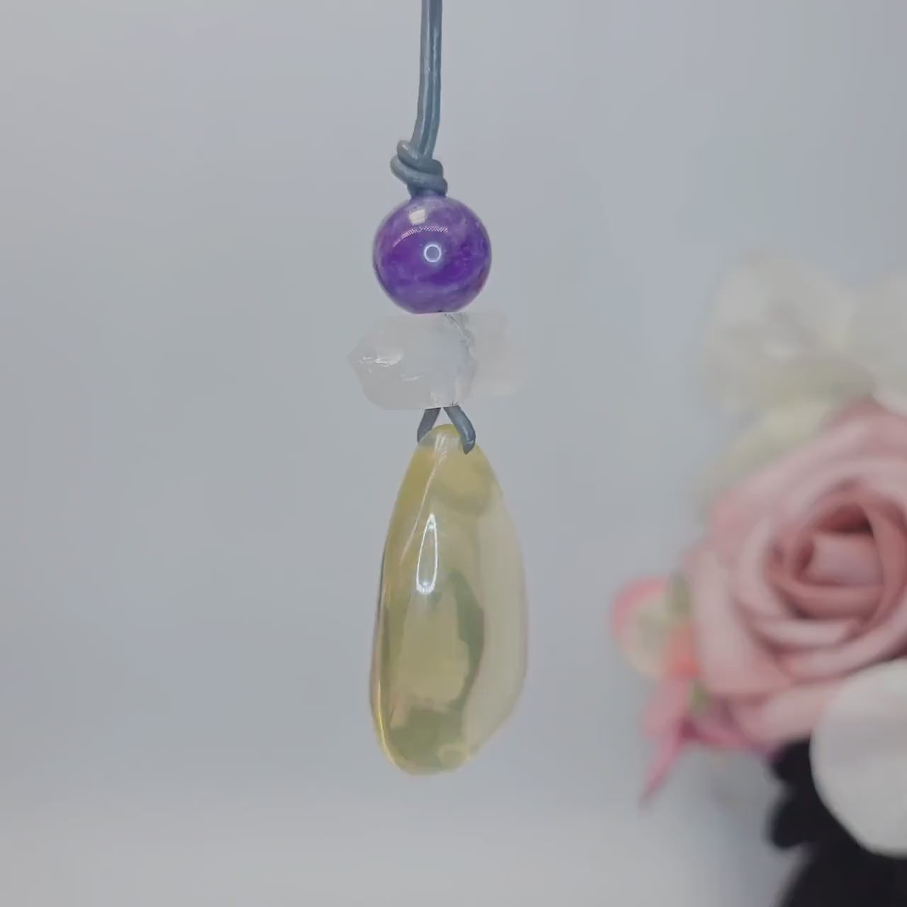 Citrine Necklace Amethyst Quartz Crystal Pendant Geometric Chunky Jewelry for Women Men, Adjustable Leather Cord Birthstone Gift