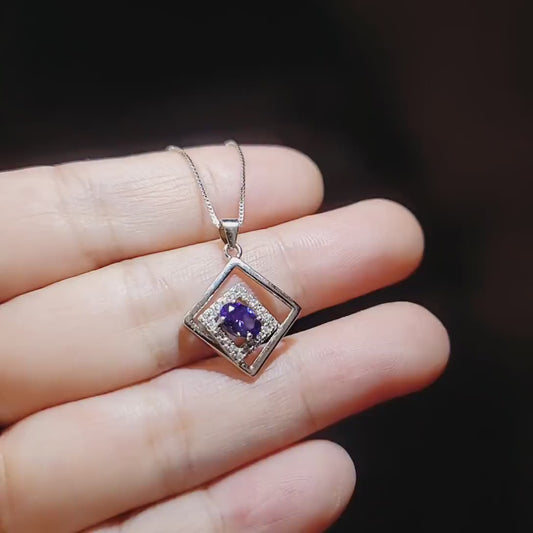 Tiny Geometric Tanzanite Necklace Blue Gemstone white gold at Sterling Silver Double Square Jewelry - Tanzanite Pendant 031