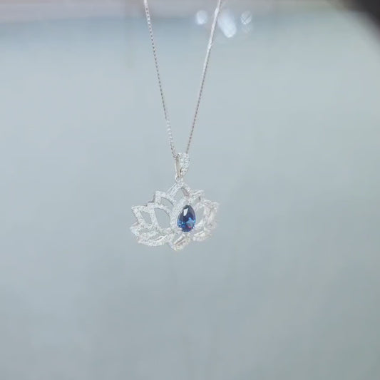 Blue Sapphire Necklace Lotus Flower Style Water lily Pendant 18KGP @ Sterling Silver Birthstone Jewelry #1017