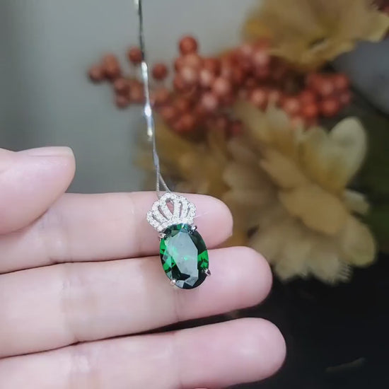 Large Emerald Necklace - 18KGP @ Sterling Silver - Royal Crown  Necklace - Lab Created Green Emerald Pendant #785