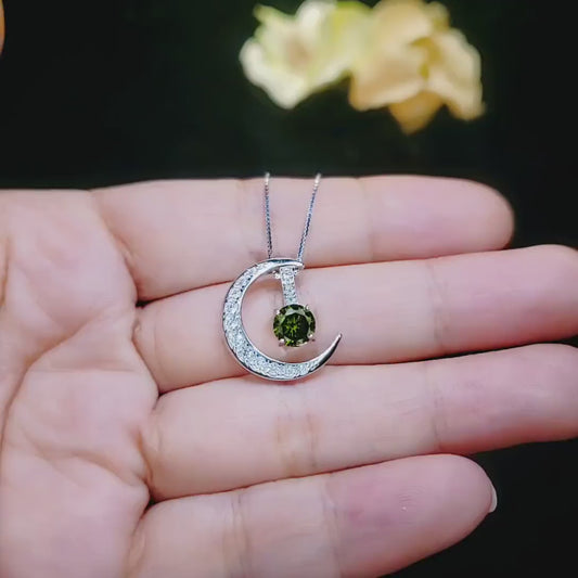 Crescent Moon Peridot Necklace - 18kgp Sterling Silver - One Necklace Two wear - Genuine Green Peridot Pendant - Gemstone Moon Jewelry #227
