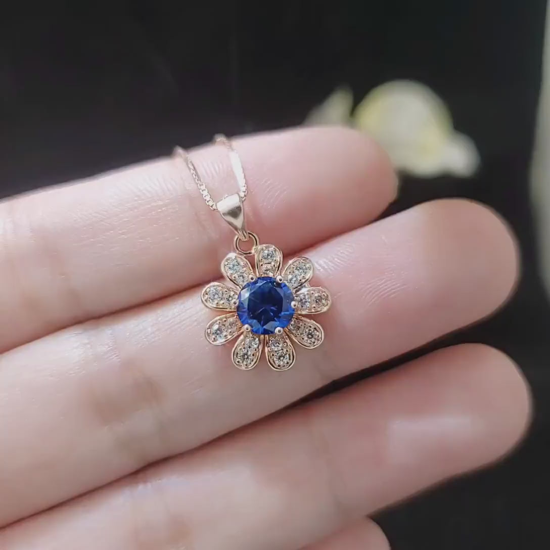 Tiny Blue Sapphire Sunflower Necklace Rose Gold Coated Sterling Silver Gemstone Flower September Birthstone 026