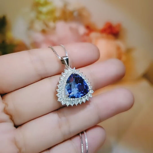 Large Trillion Tanzanite Necklace - Sterling Silver Solitaire Halo December Birthstone Triangle  Lab Created Energic Tanzanite Pendant #774