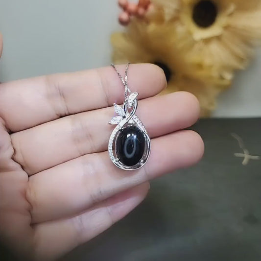 Large Black Onyx  Necklace - Natural Black Agate Protective High Frequency Energy Leaf Jewelry Diamond Flower  Sterling Silver 1039