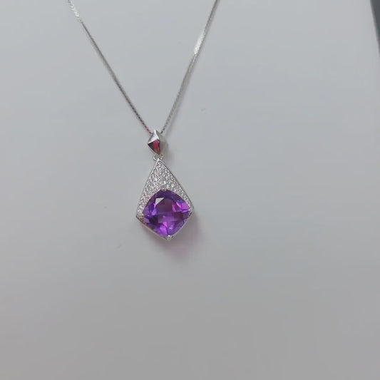 Genuine Amethyst Necklace - 18KGP Sterling Silver - Diamond Cushion - Rhombic  Natural Amethyst Pendant -  February Births