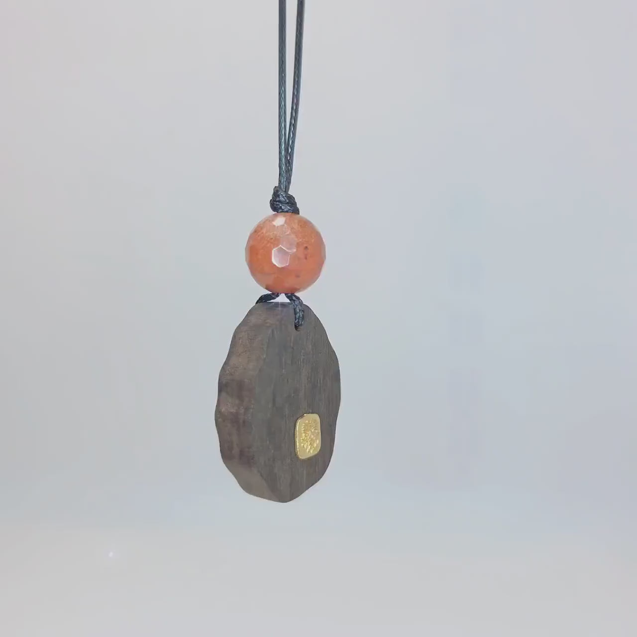Natural Agarwood Pendant Necklace With Faceted Red jasper, organic wood carving with Gold Lion Totem, Zen Meditation Jewelry Chunky Stone