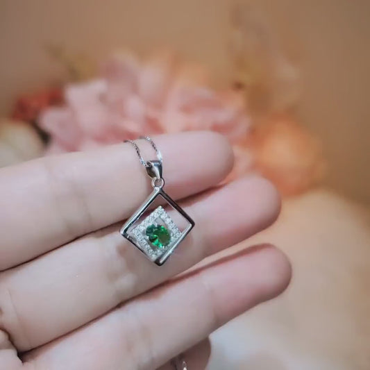 Emerald Necklace , Tiny Double Square Full Sterling Silver Geometric 18KGP - Minimalist Tiny Delicate Simple Emerald Pendant 091