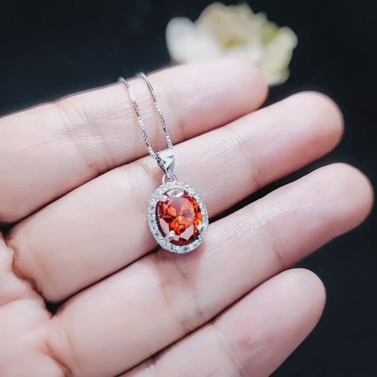 Sunstone Necklace - Tangerine Sapphire Jewelry- Oval Halo Orange Spessartite Garnet Pendant - 18KGP @ Sterling Silver #146