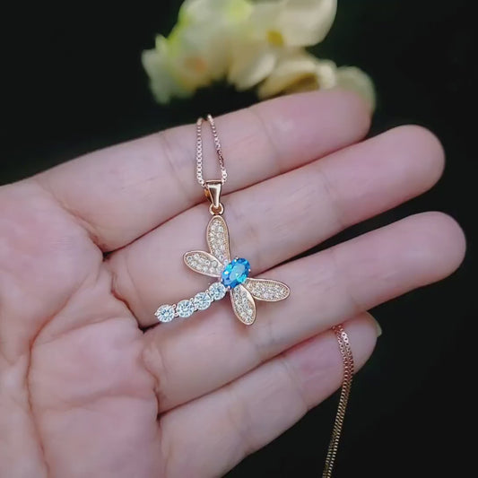 Dragonfly Blue Topaz Necklace - Rose Gold Coated 925 Sterling Silver #338