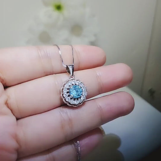 Tiny Aquamarine Necklace - Sterling Silver Sunflower Aquamarine Pendant - Halo Blue Gemstone March Birthstone Aquamarine Jewelry 1104