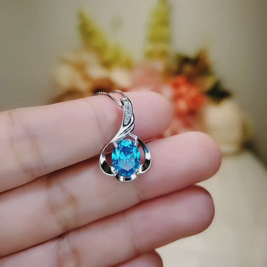 Blue Topaz Necklace - Sterling Silver White Gold Flower Blue Gemstone Pendant - December Birthstone Topaz Jewelry #364