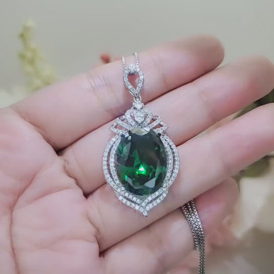 13 CT  Large  Emerald Necklace  Royal Crown Oval Emerald Pendant  Green Gemstone Jewelry Sterling Silver White Gold plated #914
