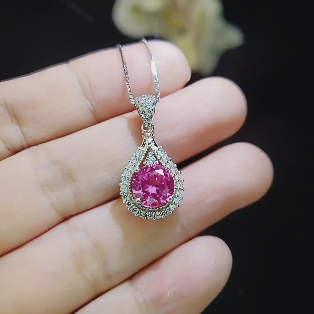 Pink Tourmaline Round Necklace - Fuchsia Tourmaline Sterling Silver 8mm 1.5Ct  Pink Gemstone #387