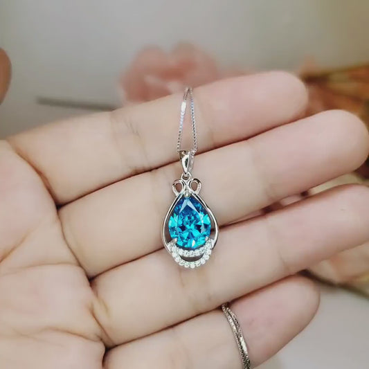Sterling Silver Teardrop Swiss Blue Topaz Necklace 2.75 ct Teardrop Sim Gemstone 14k White Gold Plated Birthstone  #933