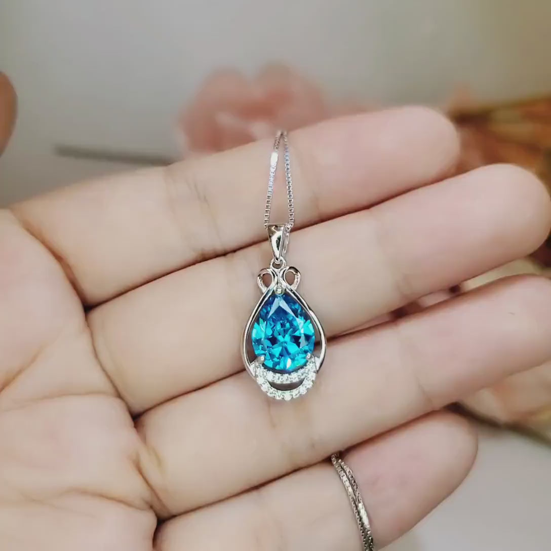 Sterling Silver Teardrop Swiss Blue Topaz Necklace 2.75 ct Teardrop Sim Gemstone 14k White Gold Plated Birthstone  #933