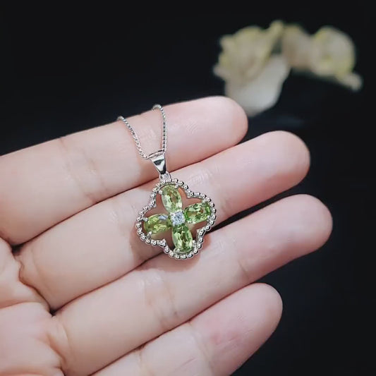 Genuine Green Peridot Necklace, 925 Sterling Silver Four Leaf Clover Pendant, Natural Peridot Pendant  August Birthstone Leaf Jewelry  #233