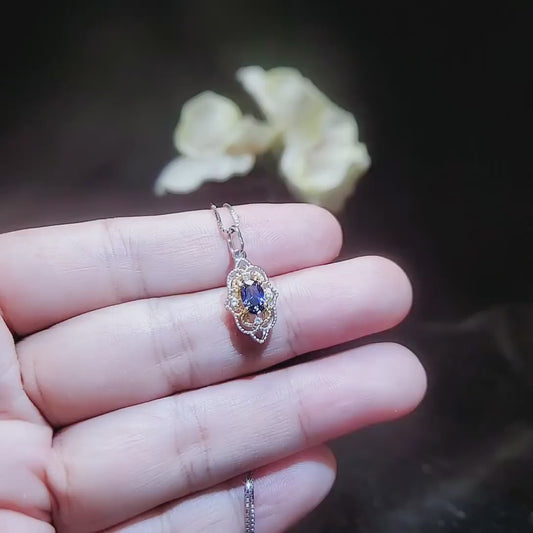 Tiny Thorn Apple Blue Sapphire Necklace -  Sterling Silver Minimalist Oval Blue Sapphire Pendant - Blessing Buddha Hand Jewelry 1103