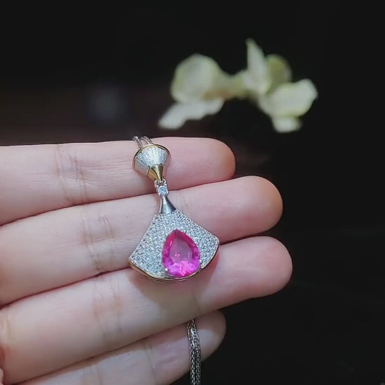 Pink Sapphire Necklace - 18KGP @ Sterling Silver Paved Gemstone Art Deco 3CT Pink Sapphire Pendant #884
