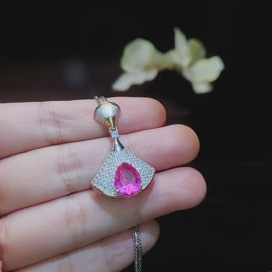Pink Sapphire Necklace - 18KGP @ Sterling Silver Paved Gemstone Art Deco 3CT Pink Sapphire Pendant #884