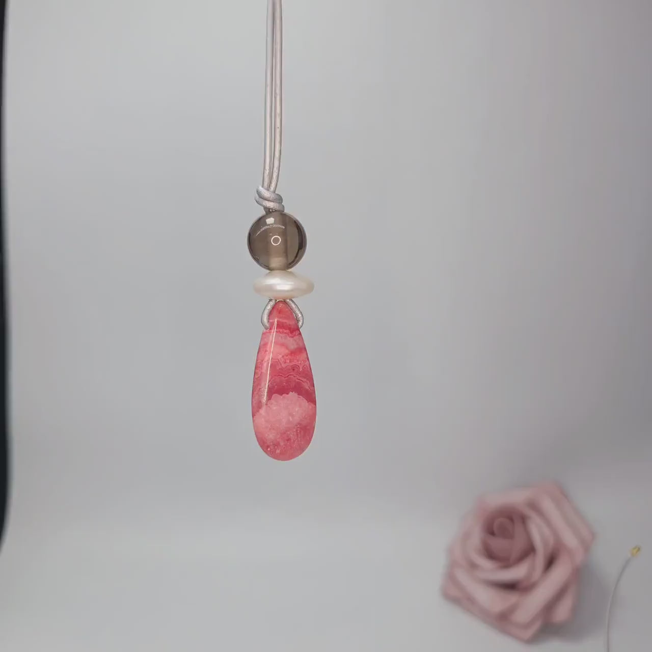 Chunky Rhodochrosite Necklace, Geometric Pink Stone Pendant with Baroque Pearl & Smoky Quartz, Spiritual Jewelry, Adjustable Leather #2576