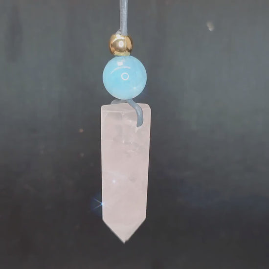Natural Rose Quartz Necklace Crystal Point & Aquamarine Geometric Pendant, Pink Chunky Gemstone Jewelry Adjustable Leather for Men and Women