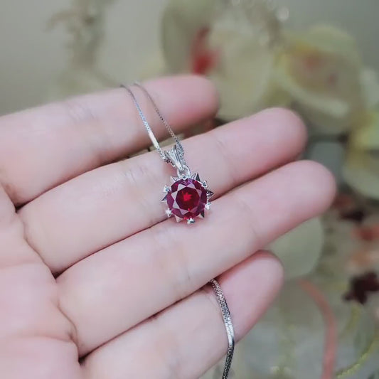 8mm Ruby Necklace - 18kgp @ Sterling Silver -  2.2 CT Red Ruby Pendant - Tiny Dainty July Birthstone 096