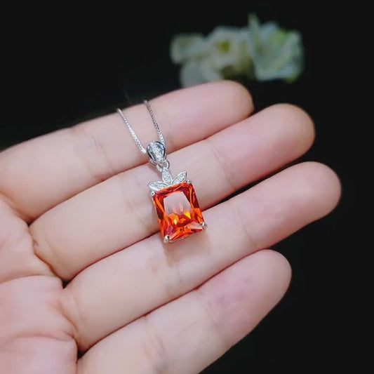 Large Rectangular Sunstone Necklace - Red Orange Tangerine Spessartite Garnet Jewelry Diamond Petal Flower 9 ct Created Orange Sapphire #668
