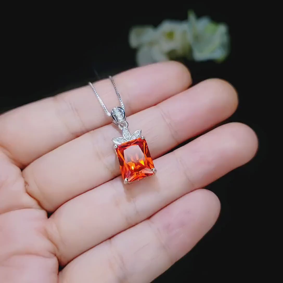 Large Rectangular Sunstone Necklace - Red Orange Tangerine Spessartite Garnet Jewelry Diamond Petal Flower 9 ct Created Orange Sapphire #668