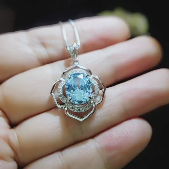 Flower of Life large Blue Aquamarine Necklace - Full Sterling Silver made White gold coated - 4.2 CT Large Aquamarine Pendant #698