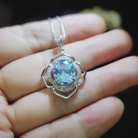 Flower of Life large Blue Aquamarine Necklace - Full Sterling Silver made White gold coated - 4.2 CT Large Aquamarine Pendant #698