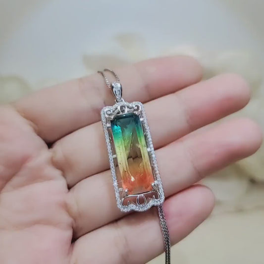Multi-Color Rainbow Tourmaline Necklace - Sterling Silver Long Diamond Rectangle Watermelon Rainbow Tourmaline Pendant Jewelry Sterling 1078