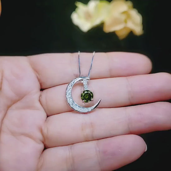 Crescent Moon Peridot Necklace - 18kgp Sterling Silver - One Necklace Two wear - Genuine Green Peridot Pendant - Gemstone Moon Jewelry #227