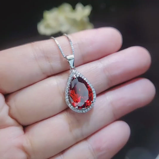 Large Teardrop Garnet Necklace - 5.5 CT Spessartite Garnet Pendant - 18kgp@ sterling Silver - Teardrop Halo Red Orange Garnet #772