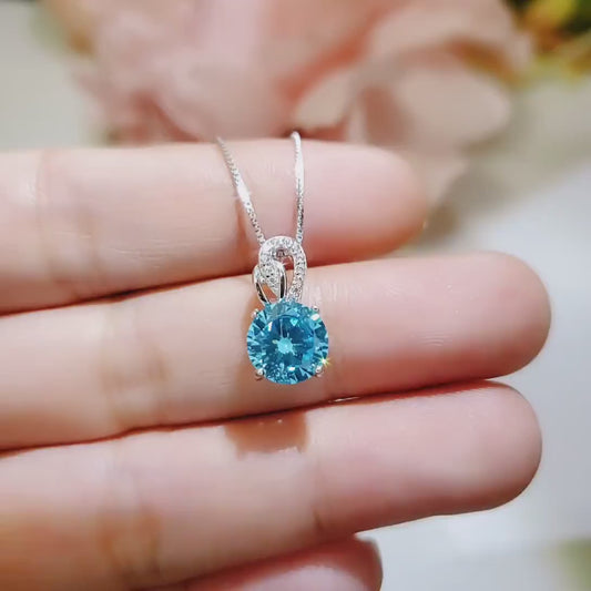 Tiny Blue Aquamarine Necklace - Sterling Silver Single Halo Dangle Round 8mm - March Birthstone -  Aquamarine Jewelry 081