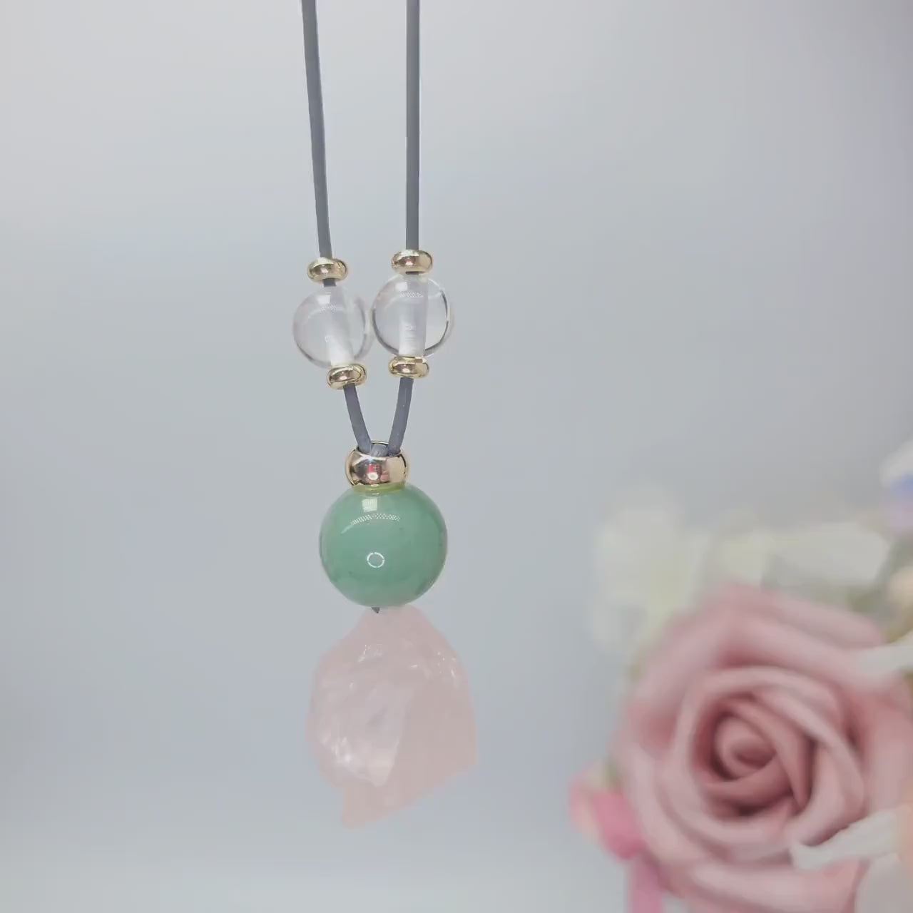 Rose Quartz Necklace Green Aventurine Chunky Raw Crystal Pendant for Women, Love and Luck Jewelry, Adjustable Leather Cord